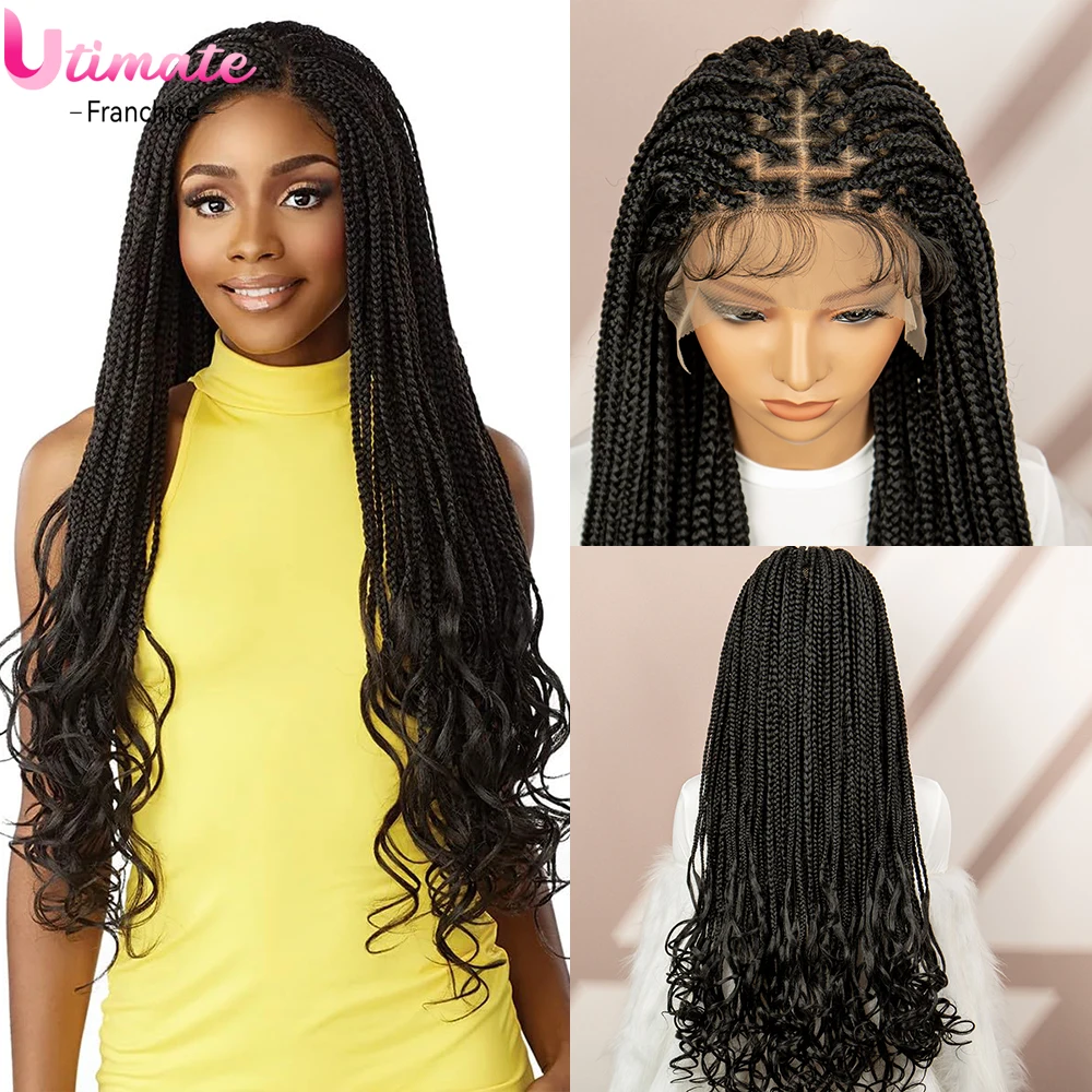 Perucas trançadas sem nós sintéticas para mulheres negras, Lace Front, Micro Tranças, Perucas Encaracoladas, Perucas trançadas com cabelo de bebê