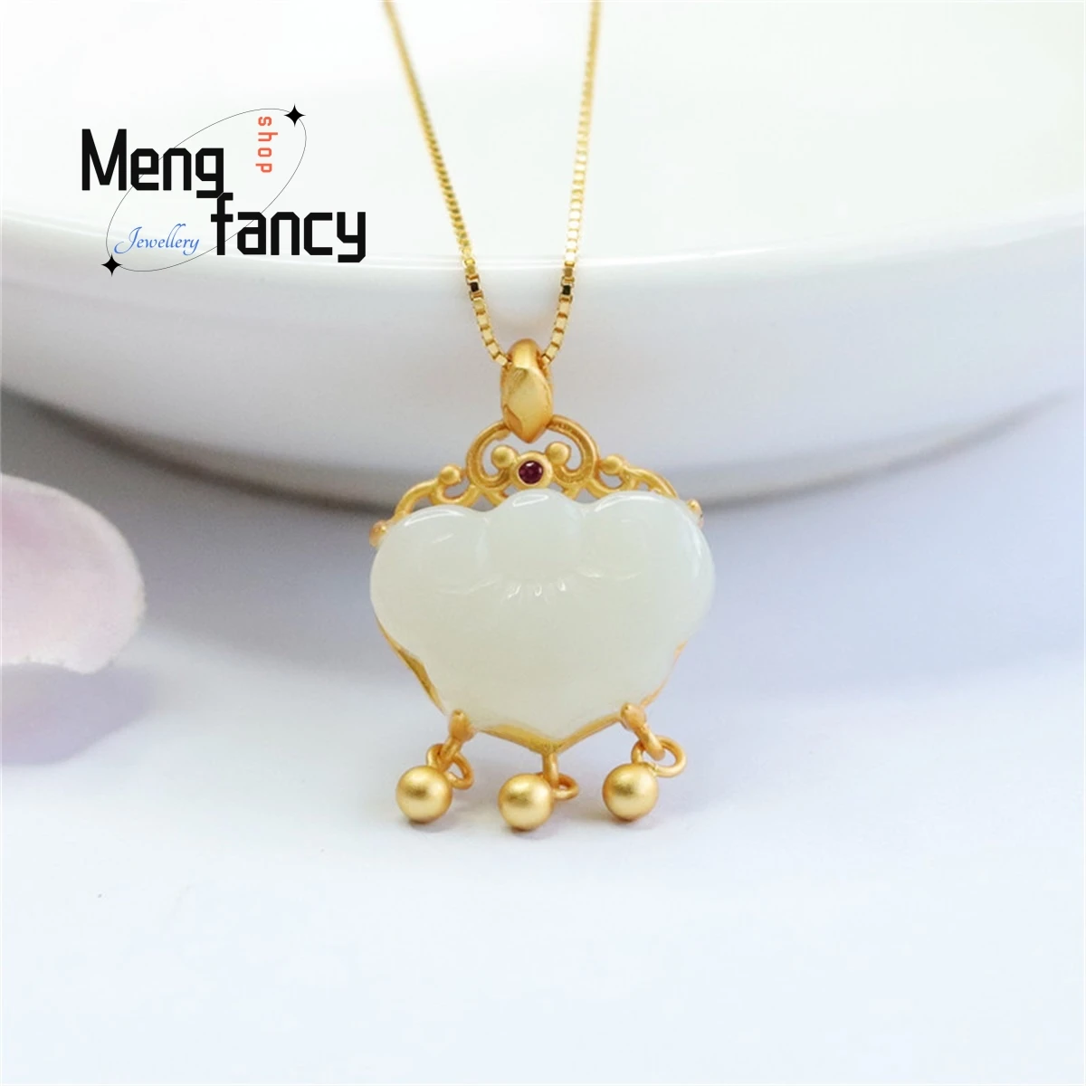 

Natural S925 Silver Inlaid Hetian White Jade Ruyi Three-bead Tassel Necklace Simple Charm Personality Fashion Women Jewelry Gift