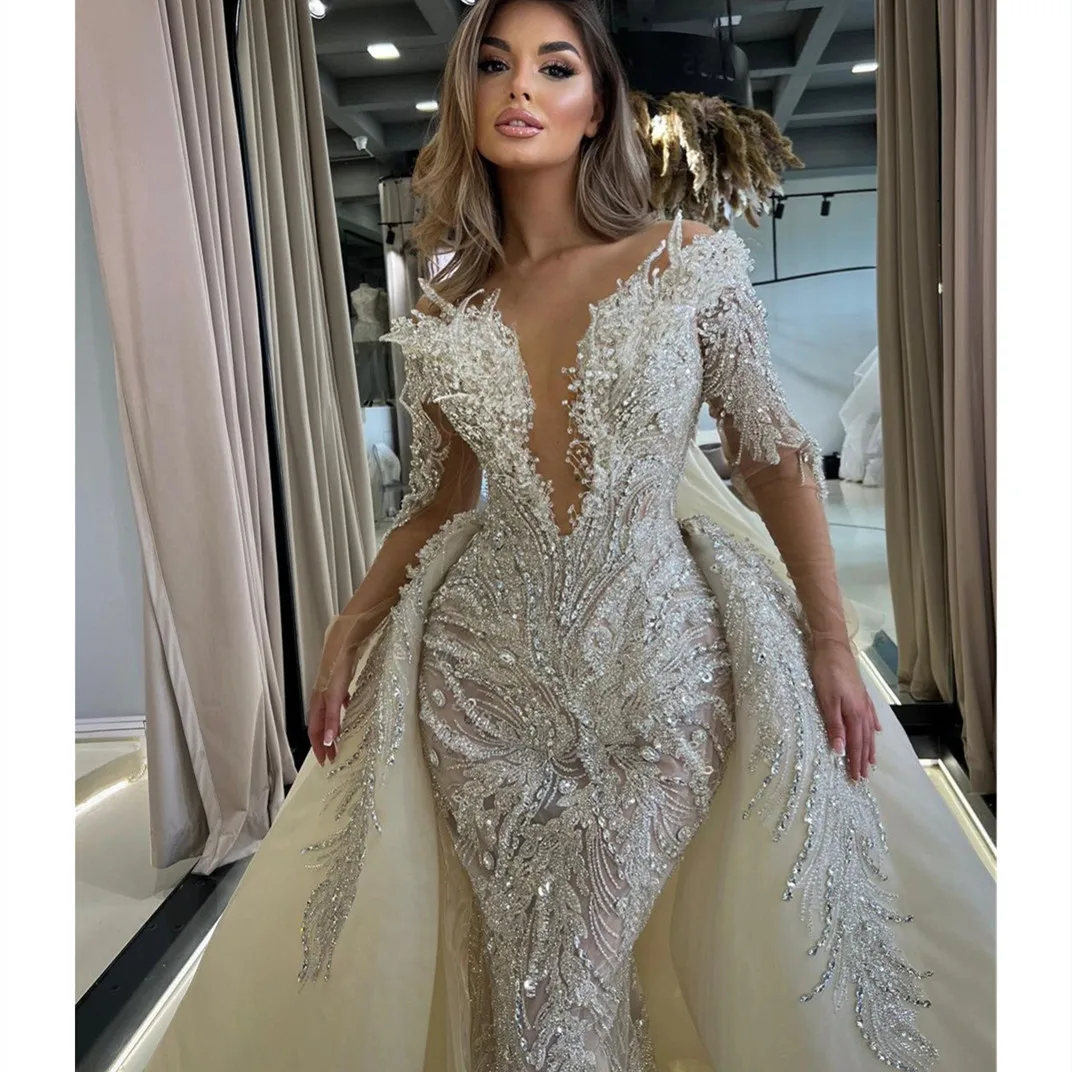 Mermaid Evening Dresses Long Sleeves V Neck Sequins Beaded Appliques 3D Lace Detachable Train Pearls Prom Dresesses Custom Made