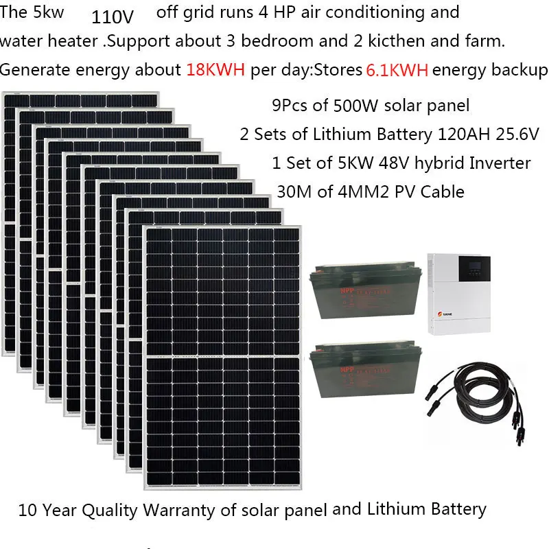 Solar System For Home Complete Kit 5000W 5KW 220v 110V Solar Panel 500W Lithium Lifepo4 Battery Hybrid Inverte Off Grid 4HP Farm