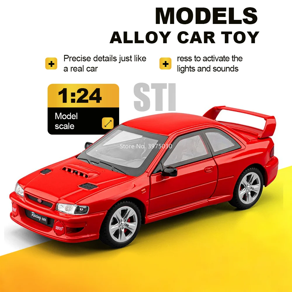 

1:24 SUBARU STI M3 GTR E46 Alloy Car Diecast Model Miniature Toy Sound and Light Doors Opened Pull Back Vehice Gift for Children