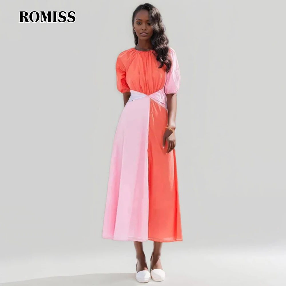 ROMISS Colorblock Hollow Out Fashion Vintage Dresses For Women Round Neck Puff Sleeve High Waist Casual Loose Dress Female Style