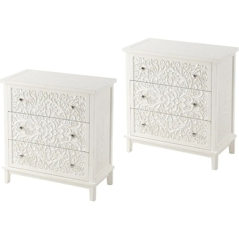 3-Drawer Fully-Assembled Flower Motif Dresser, Set of 2 Nightstand for French Country, Farmhouse, Modern, Rustic Style