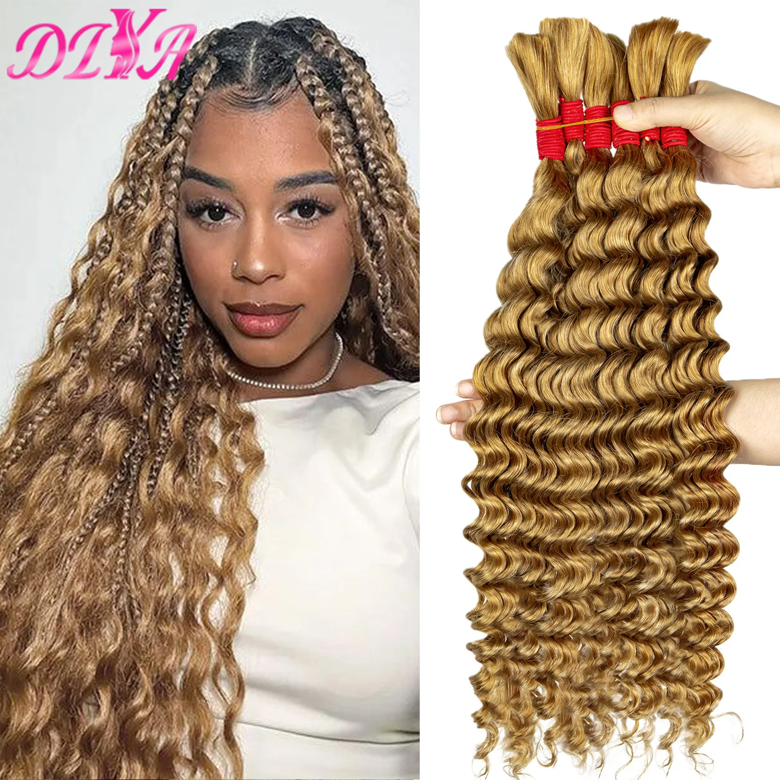 100% Human Hair Bulk Braiding Hair Extensions Double Drawn 27# Color Deep Wave No Weft Boho Knotless Braids Hair No Weft Bundles