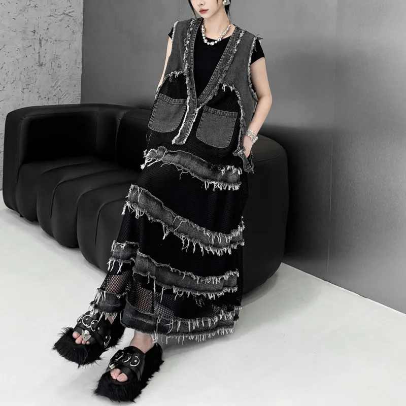 HKSH Women Set V-neck Mesh Patchwork Denim Pockets Chic Waistcoat Elastic Waisted A-line Distressed Retro Versatile Skirt K22173