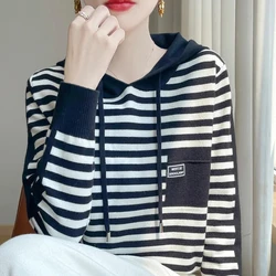 Striped Hooded Sweatshirt Knitted Pullover Sweater Women  Spring Autumn Loose Long Sleeve Wool Sweater Hoodies Jumper Knitwear