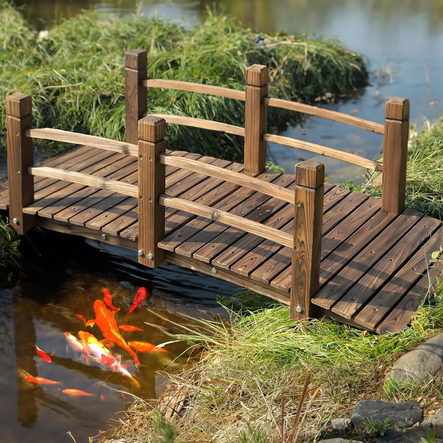 

Fir Wood Garden Bridge, Outdoor Stained Finish Arc Footbridge Walkway with Double Safety Railings, Decorative Pond, Customized