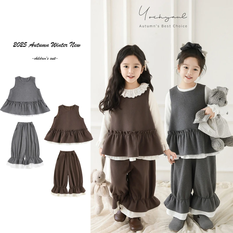 

2025 Autumn Winter Baby Girl Warm Tank Top Thick Loose Lantern Pants 2pcs Sets Cotton Set Girl Casual Top Pants 2-13Y