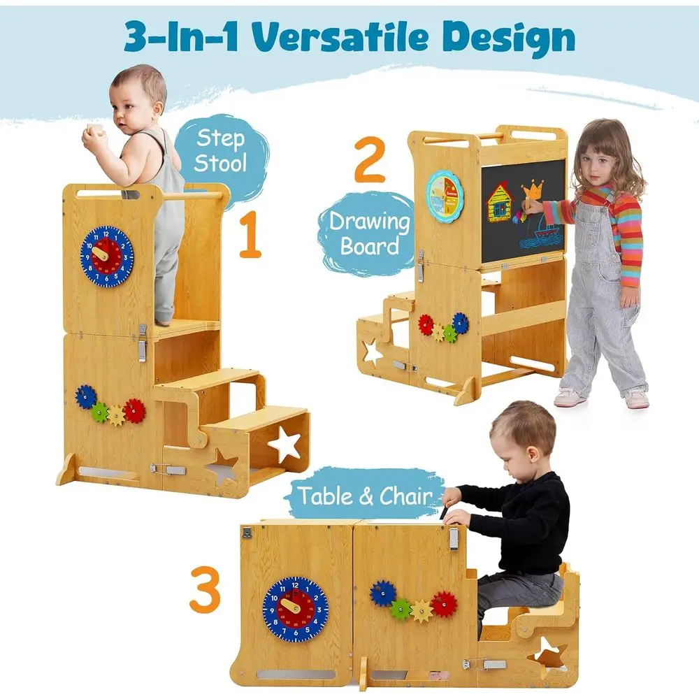 Aiutante da cucina pieghevole per bambini ad altezza regolabile, converte al tavolo e sullo scaffale, incoraggia l'autufficienza nei lavori quotidiani