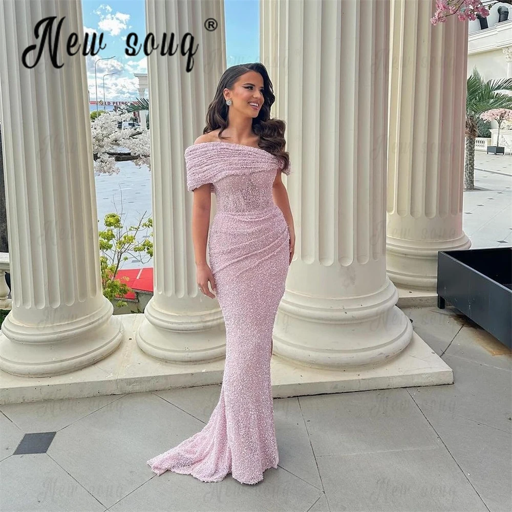 Sparkling Sequined Pink Dress Off Shoulder Bodycon Customized Wedding Party Dress Long Prom Evening Luxury Elegant Gowns Arabic