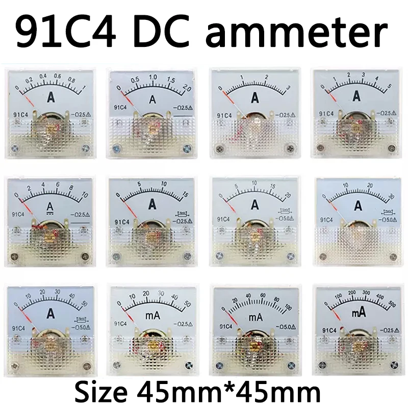 91C4 DC Amperemeter Milliampere Meter Zeigertyp 30mA50mA500mA1A2A3A5A10A20A 45*45mm