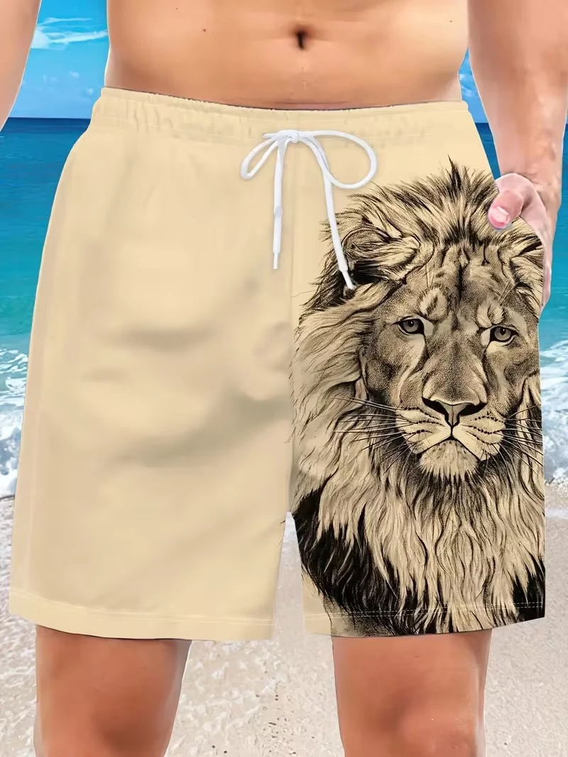 

Quick Dry Tiger Lion Dragon Print Beach Trunks Men Casual Loose Drawstring Waist Swim Shorts New Summer Hawaiian Sports Bottoms