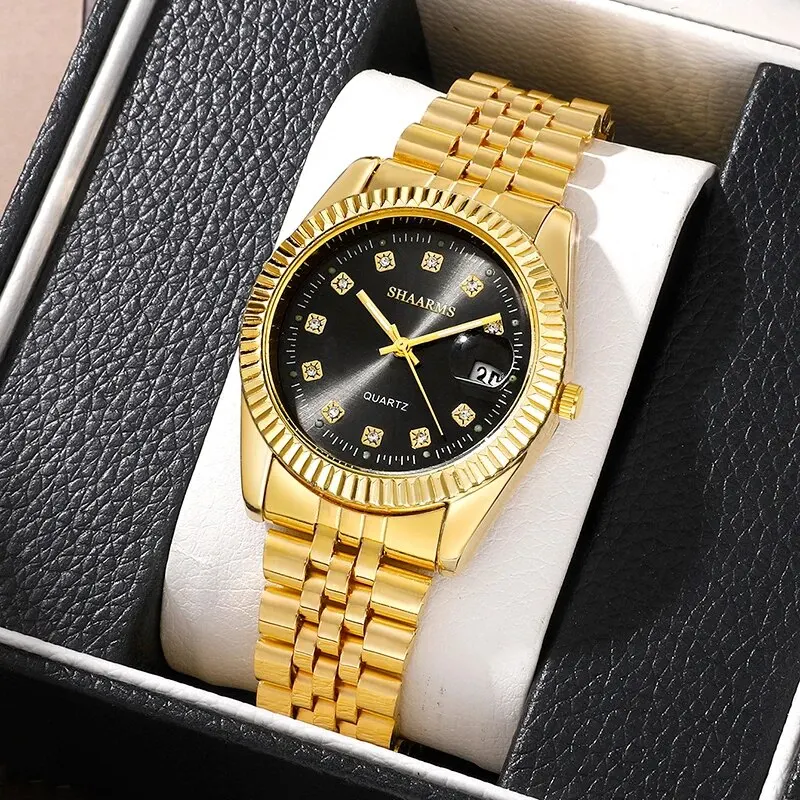 Mens Gold Watches Calendar With Diamond Steel Band Fashion Business Quartz Watch Relogio Masculino Wristwatch For Men Gift