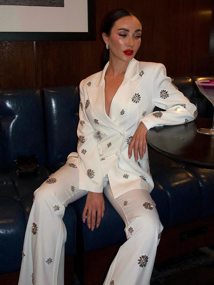 

Женский комплект из двух предметов, комплекты брюк, новые одинаковые комплекты, пальто с v-образным вырезом, куртки, расклешенные брюки, украшения из кристаллов, женская одежда