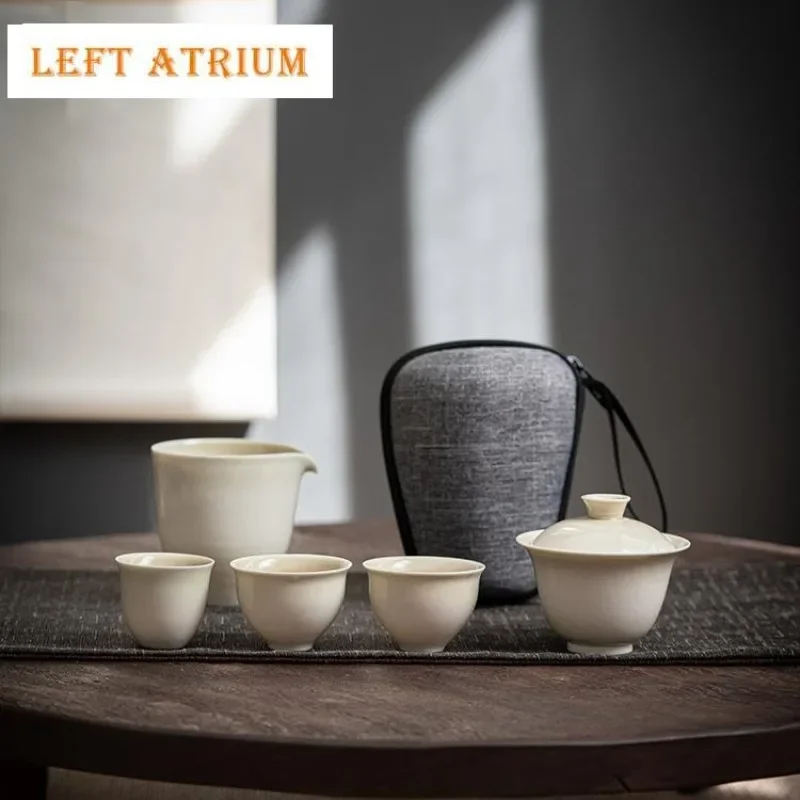 

Japanese Grass Wood Gray Travel Tea Set Kit Handmade Tea Set Complete Set 1 Pot 3 Cups Tea Brewing Picnic Mug Portable Tote Bag