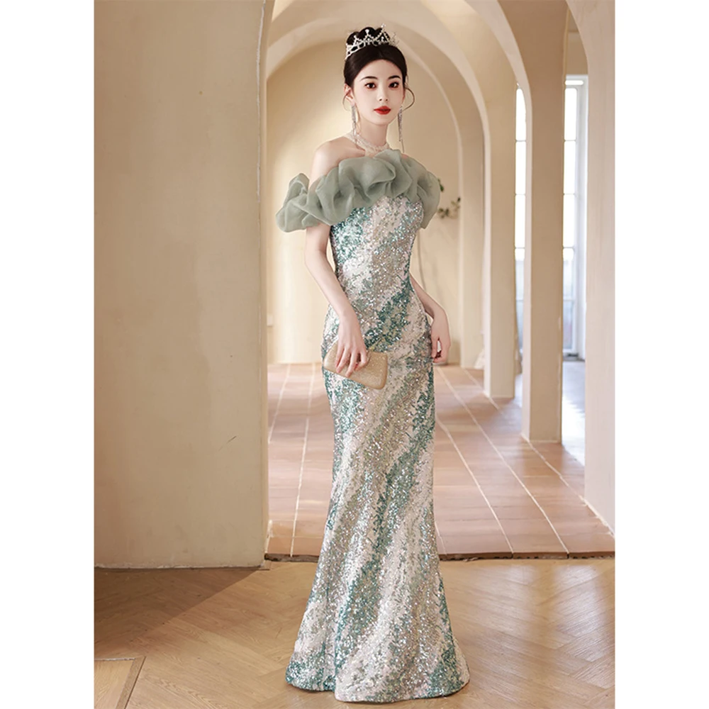 Luz francesa luxo brilhante lantejoulas vestidos elegante luz verde gradiente fishtail socialite vestido de baile fora do ombro longo