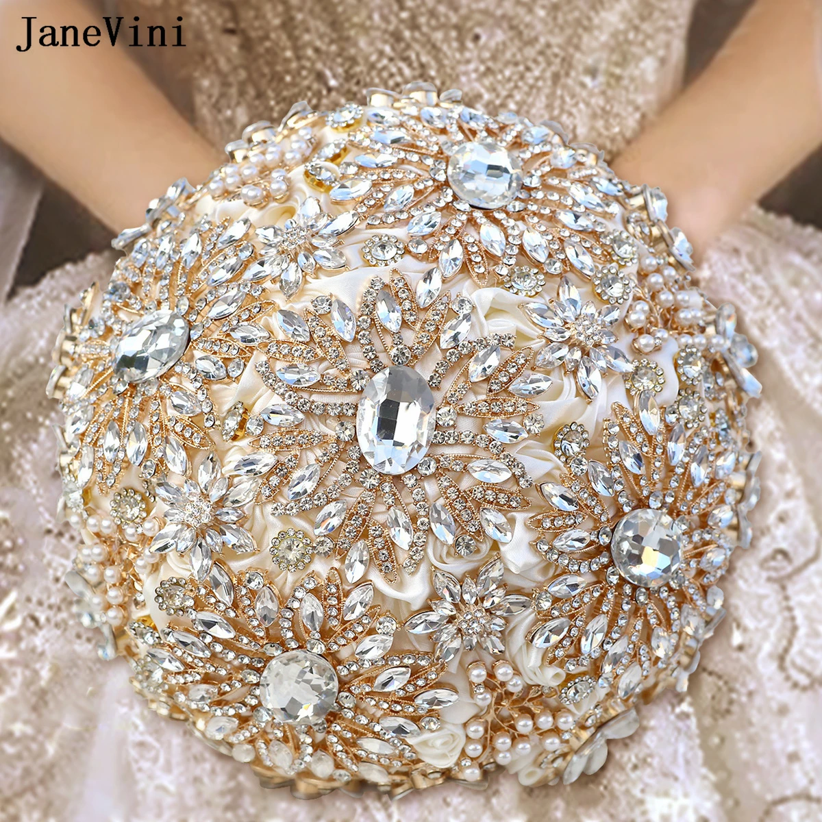 

JaneVini Luxury Diamond Bridal Bouquets for Wedding Sparkly Rhinestone Crystal Ivory Satin Roses Artificial Bride Flower Bouquet