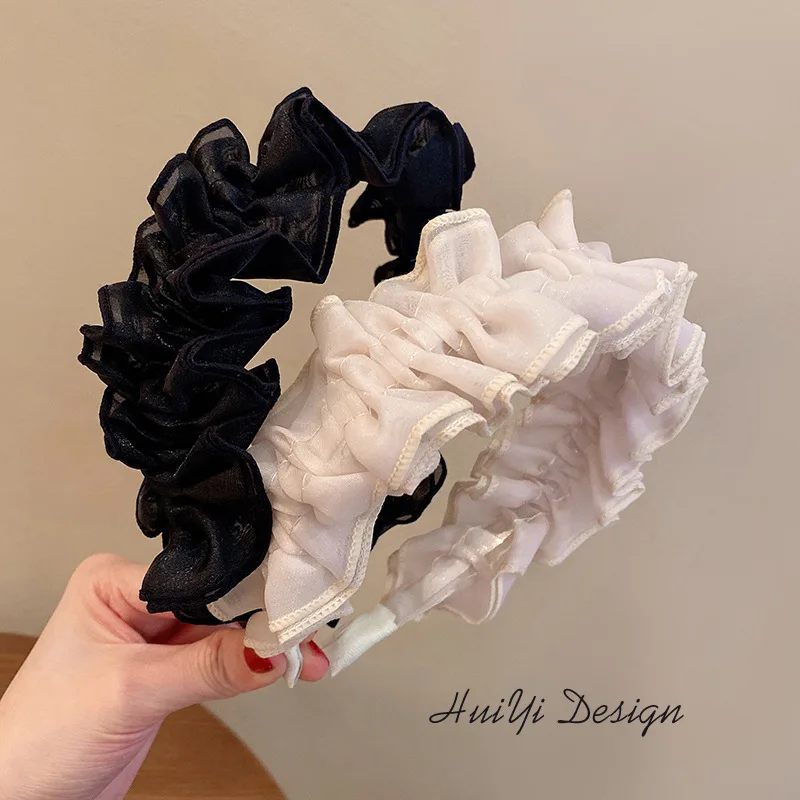 Elegant Solid Color Fairy Lace Headbands Elegant Ladies Black White Satin Hand Weave Silk Wrinkle Hair Hoops Headdress Wholesale