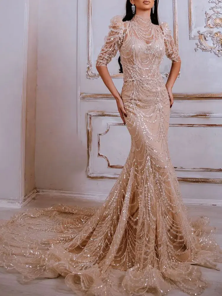 Lindo lantejoulas sereia vestido de casamento ver através de vestidos de noiva alta pescoço vestidos de noiva meia mangas puff vestido de novia