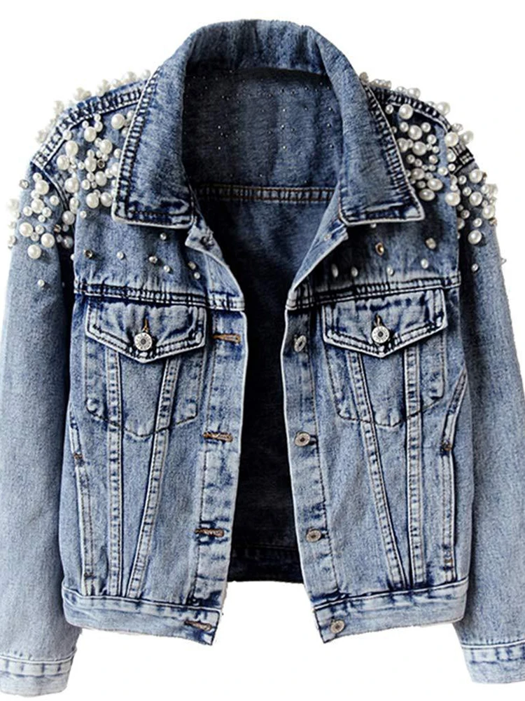 

Новая джинсовая куртка с бусинами для тяжелой промышленности, женская джинсовая куртка с длинным рукавом, уникальный дизайн, уличная универсальная модная куртка
