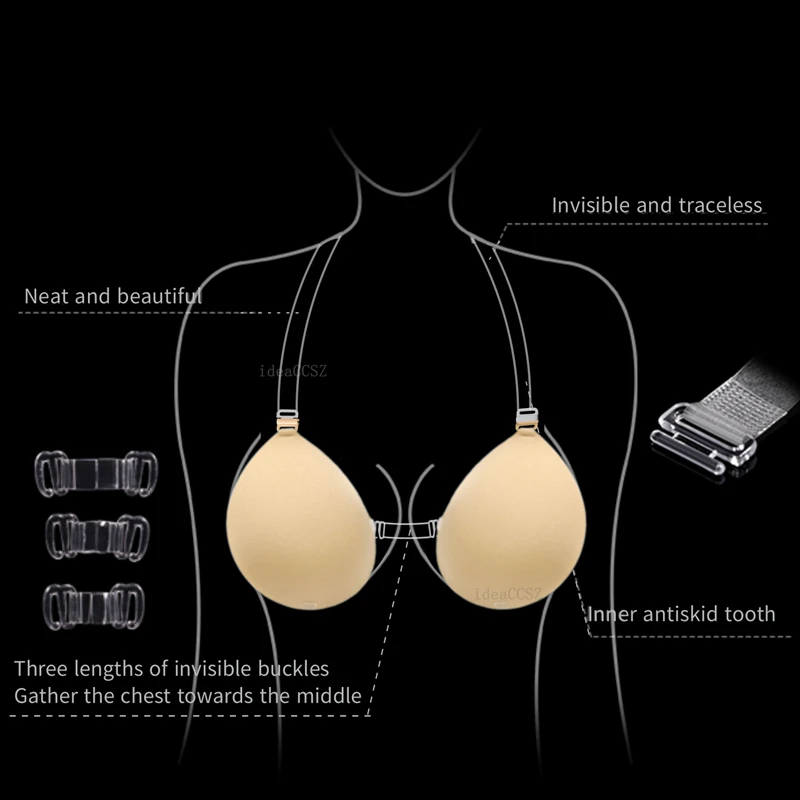 Invisible Adhesive Bra for Women Backless Strapless Push Up Sticky Silicone Wedding Underwear with Transparent Strap Reusable