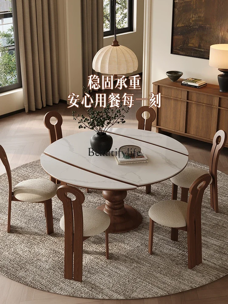 

yj5 Rock Slab Extendable Dining Table Round Vintage Home Small Apartment Convertible Round Table Solid Wood Folding