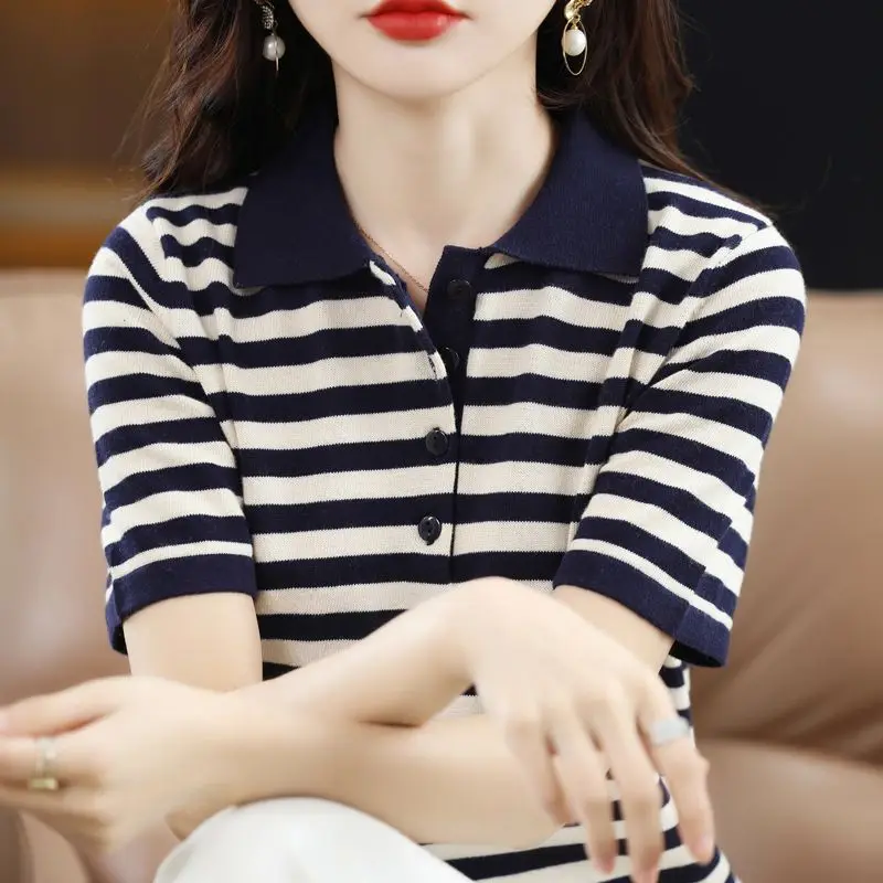 Summer Women Knit Striped T-shirt Koreon Fashion Polo Shirts Short Sleeve Female Clothing Loose All-match Vintage Pullover Tops