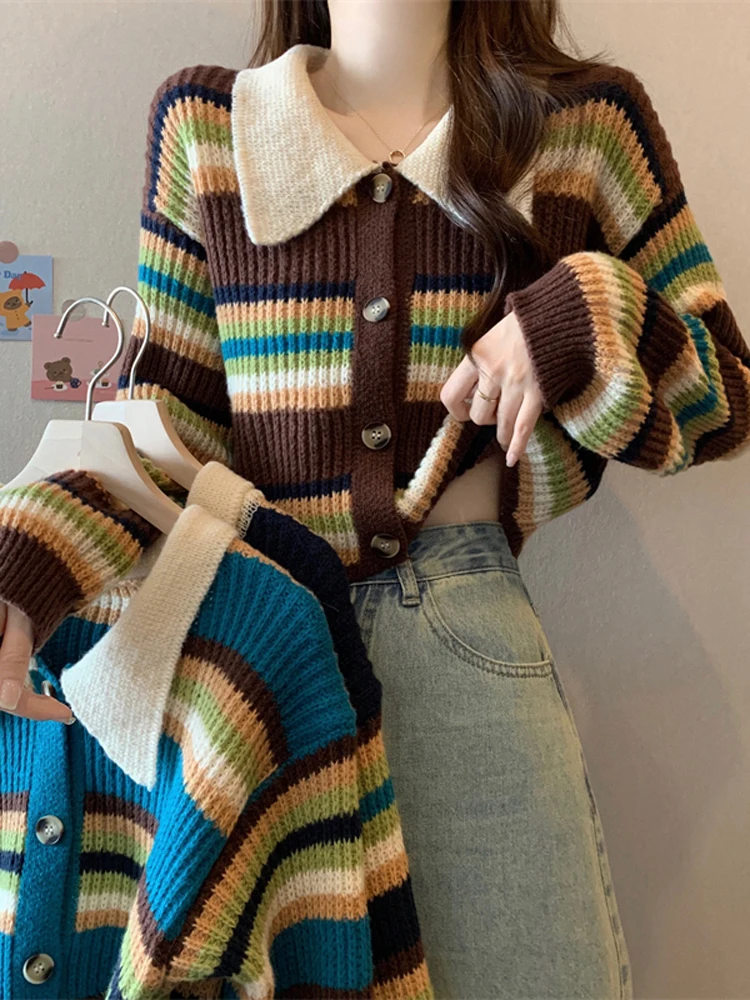 

Contrast Color Striped Women Sweater Autumn Turn-down Collar Cardigans Tops Casual Single Breasted Female Knitshirts