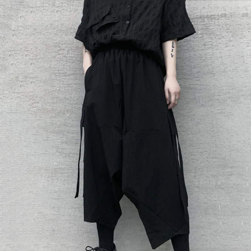 

Y2k Gothic Style Big Pocket Ribbon Harem Pants 2024 New Fashion Personality Daily Casual Dark Style Eight-Point Trousers Unisex