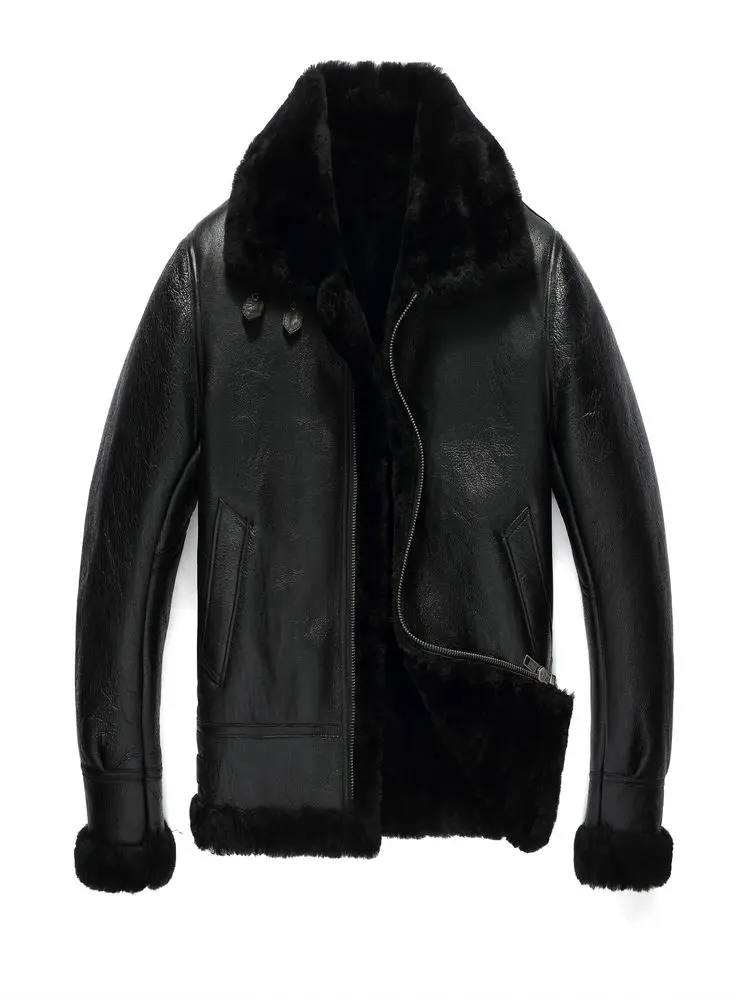 100%Natural Shearling Fur in One Coat Men Brown Black Thick Winter New Keep Warm Corium Sheepskin Flight Jackets