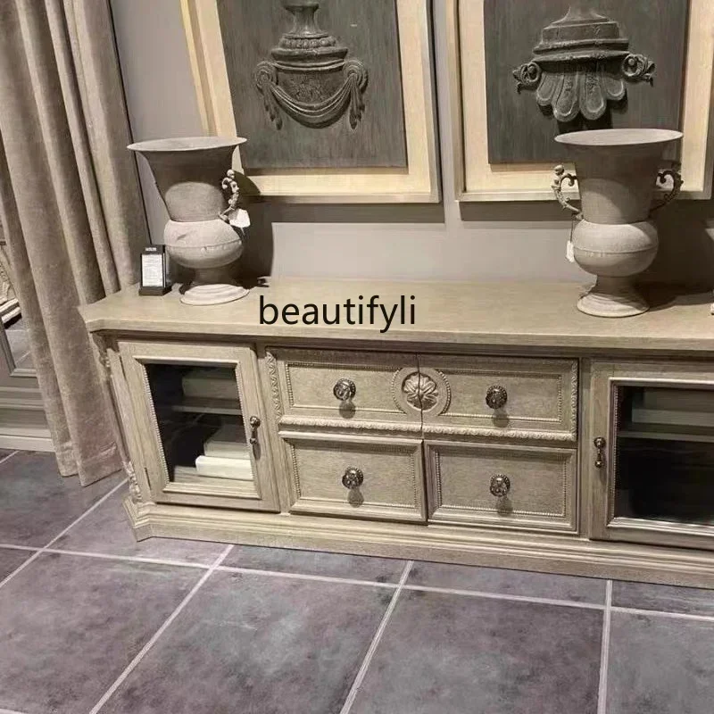 

l TV cabinet American solid wood carved TV cabinet French living room retro old locker