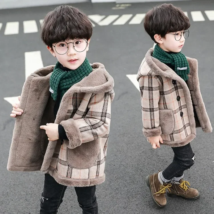 Boy Winter Coat England Grid Hooded Children's Outerwear Kids Wool Coats 10 Years Old Jacket For Boy Thick Kids Cardigan E4516