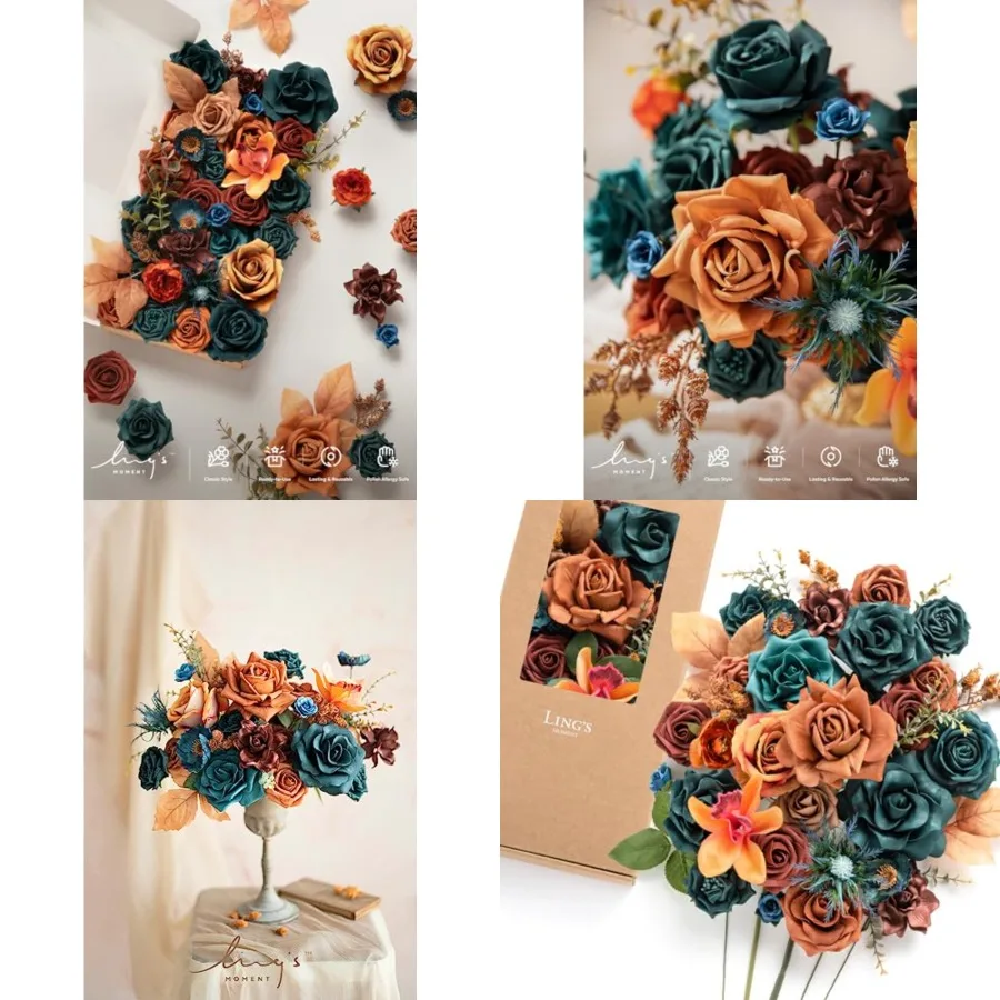 

Fake Flowers Box, Faux Artificial Greenery Stems Foam Roses Gardenia Silk Poppy Fabic Flower for Centerpieces Bouquet Wedding V
