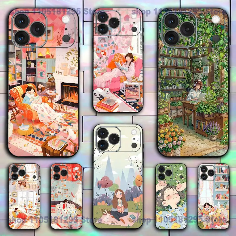 

Cozy Reading Bookshelf Girl Phone Case For iPhone 17,16,15,14,13,12,11,X,XR,XS,Plus,Mini,Pro,Max Soft black Shockproof Cover