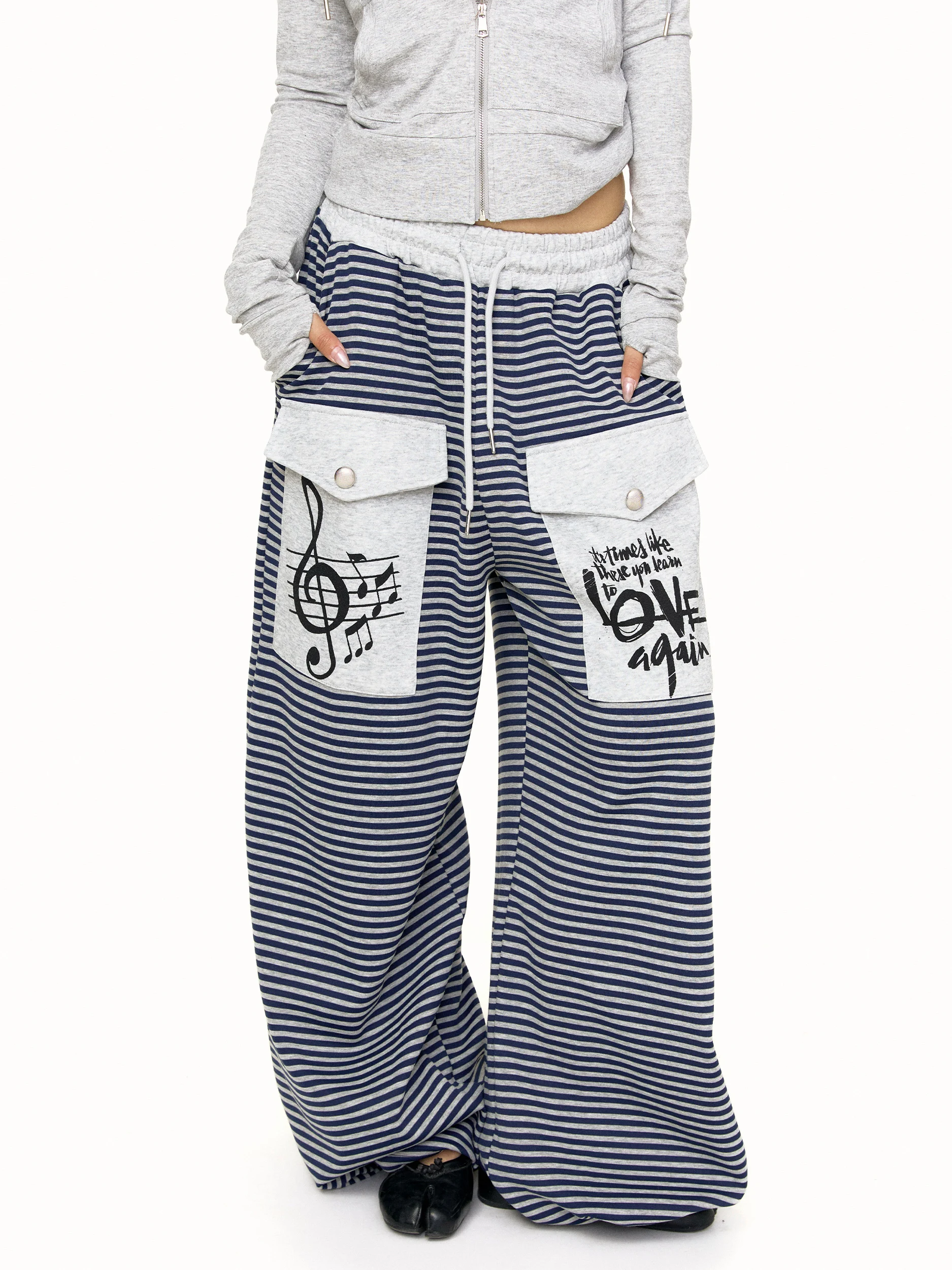 Blackbb American Retro Letter Print Striped Color Block Sports Wide Leg Pants Women's Loose Fit Autumn New Style Casual Trousers