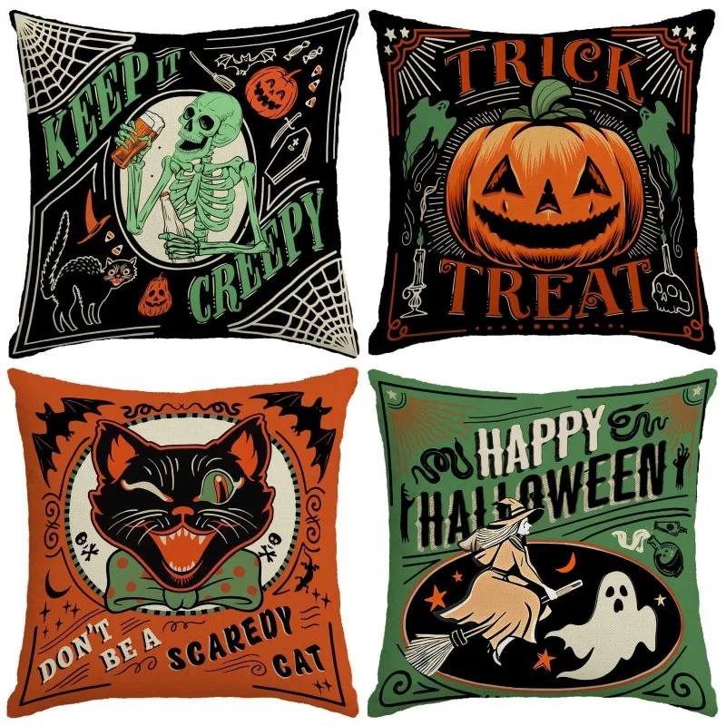 4pcs Funny Halloween Pillow Cover Printed Linen Sofa Cushion Home Living Room Decor Prop