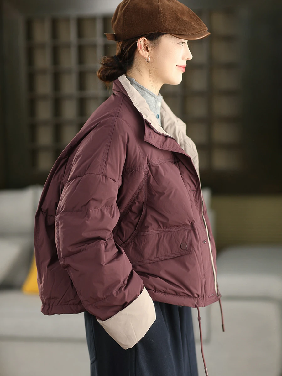 

Thiened White Du down Jaet Dstring Hem Long Sve Faionable Patchwork Color Warm Winter Outerwear Women's Coat