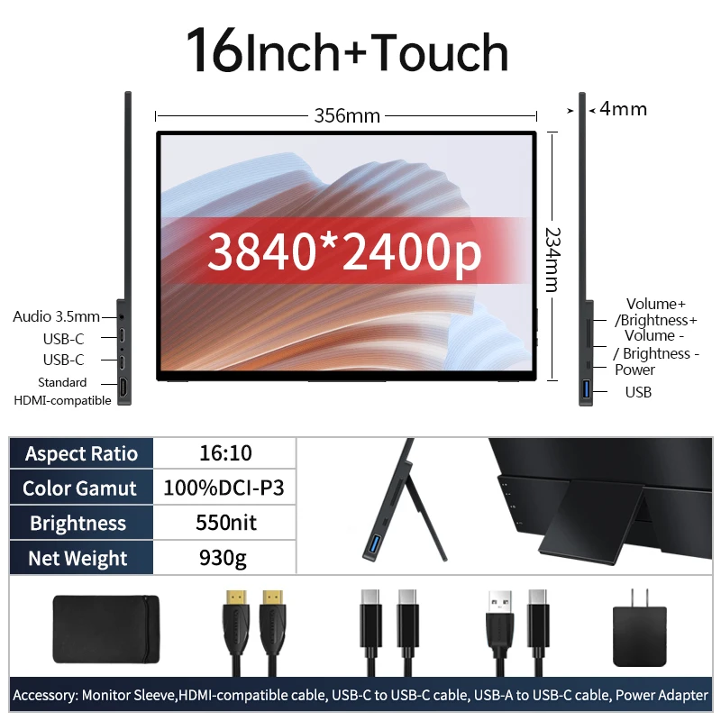 16 Inch 4K Touchscreen Draagbare Monitor 100% DCI-P3 550nit 3840*2400 16:10 Reiskantoor Display Voor Telefoon Laptop Switch Xbox