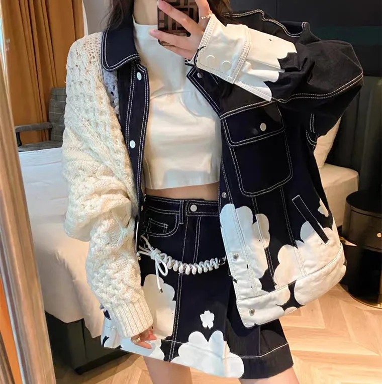 Hsa 2023 New Printed Knitted Jackets Turn Down Collar Y2K Korean Style Patchwork Chic Denim Patchwork Tops Cardigan Jacket Coat