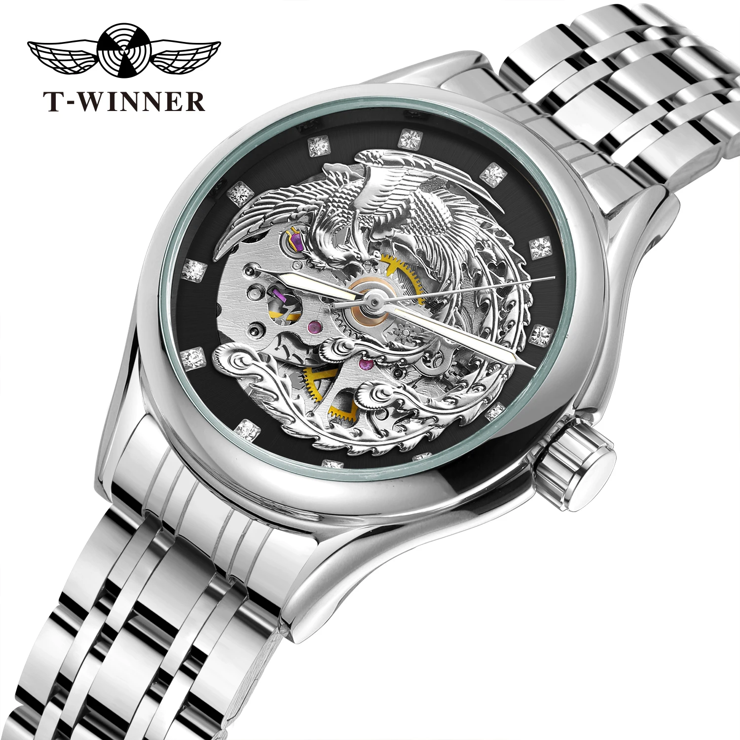 2024 Diamond Steel Skeleton Dial Golden Phoenix Women Fashion Automatic Watch Luxury Waterproof Mechanical Girl Wrist Lady Clock