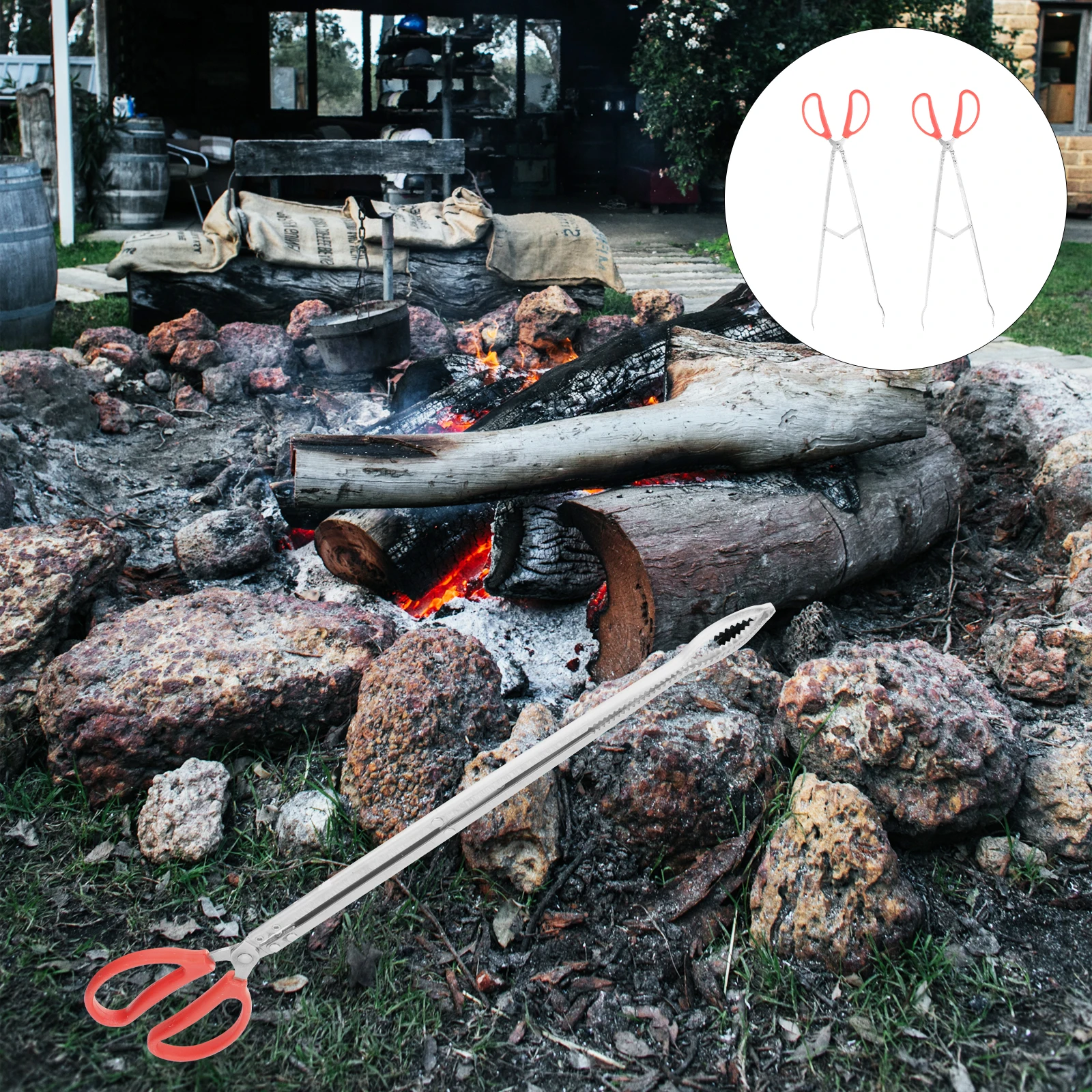 Pinzas para leña para el hogar, abrazadera de carbón resistente, herramienta para barbacoa al aire libre, pinzas de mango largo, recolector de basura de acero inoxidable, 2 uds.