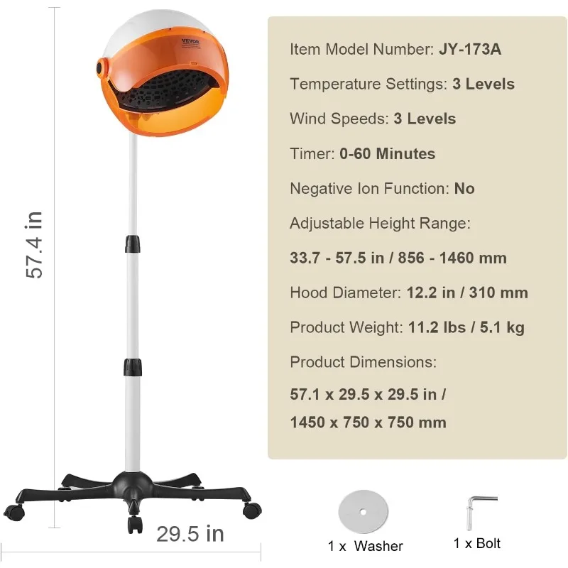 VEVOR 1875W Hooded Bonnet Dryer with Variable Speed, Temperature, Timer, and Wheels for Beauty Salon and Home Spa