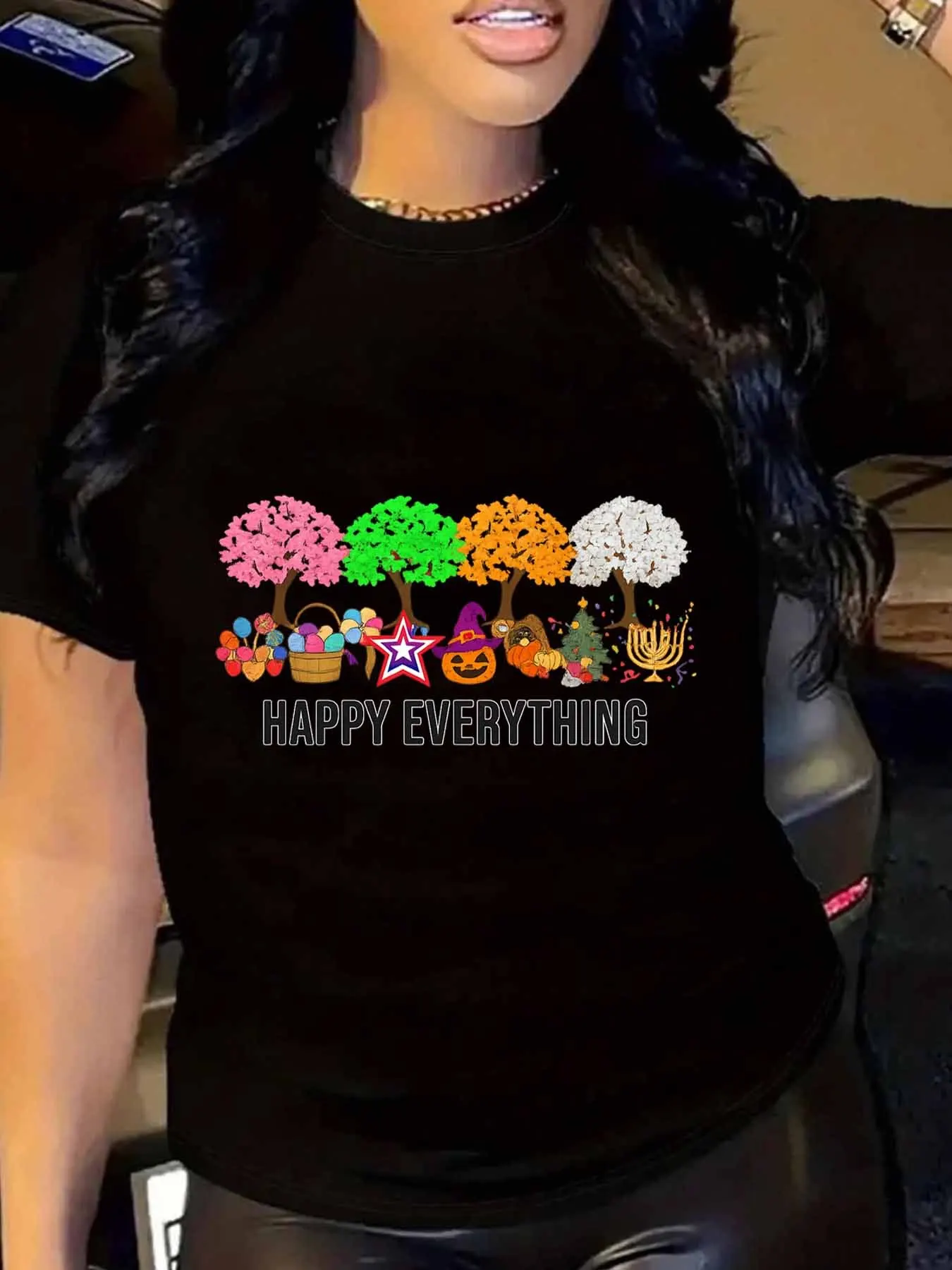 

【011574】Женская футболка больших размеров с тыквой и елкой, круглым вырезом и короткими рукавами, эластичными рукавами и модными принтами