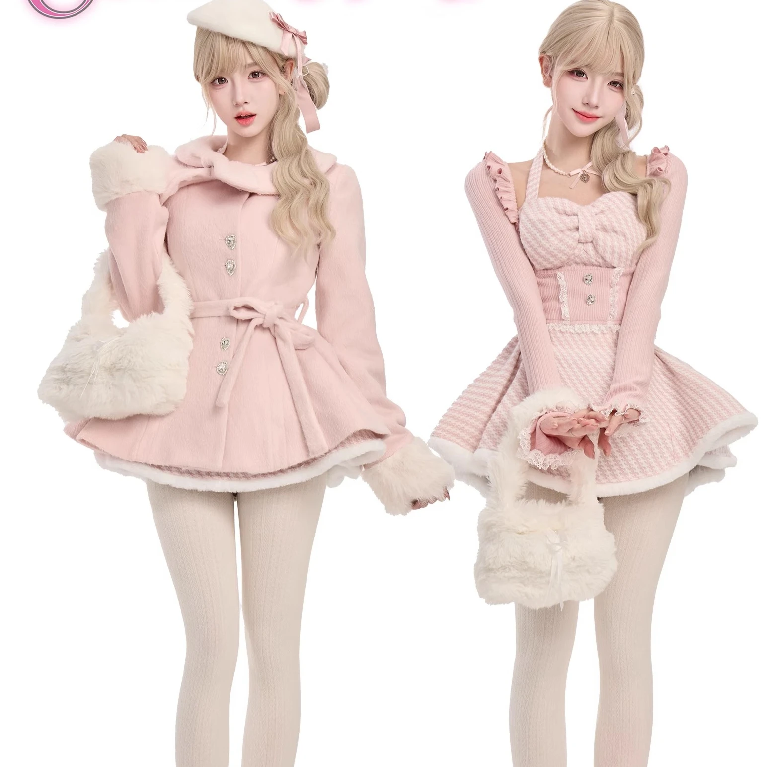 

Girl's Velvet Pink Woolen Coat Autumn Winter Long Sleeve Slim Knitted Short Top Pink Slim Mini Dress Women Lolita Clothing