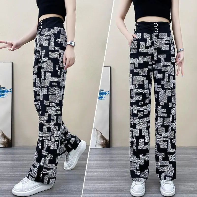 Pantalones de pierna ancha con estampado Vintage para mujer, ropa informal de cintura alta elástica empalmada, Chic, primavera y verano