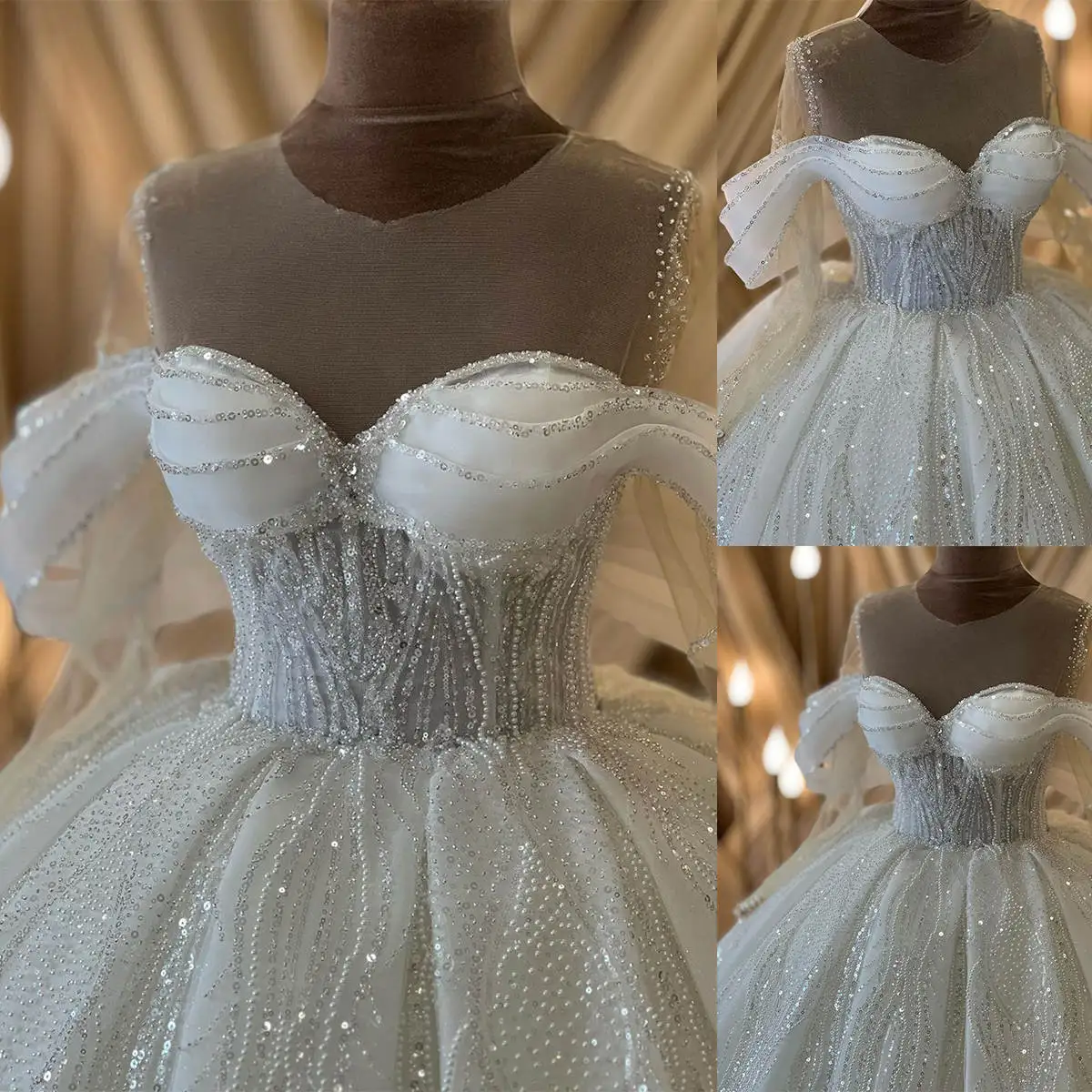 

Elegantly Illusion Sweetheart Neck Wedding Dress Classic Sequined Beading Lace Floor Length Princess Ball Gowns Custom Made