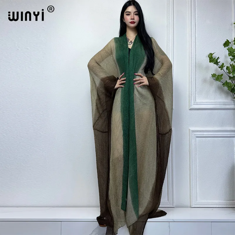 

WINYI Pleated dress Beach Wear Sexy perspective gradient print Cardigan holiday party Kimono cover-ups for women maxi abaya