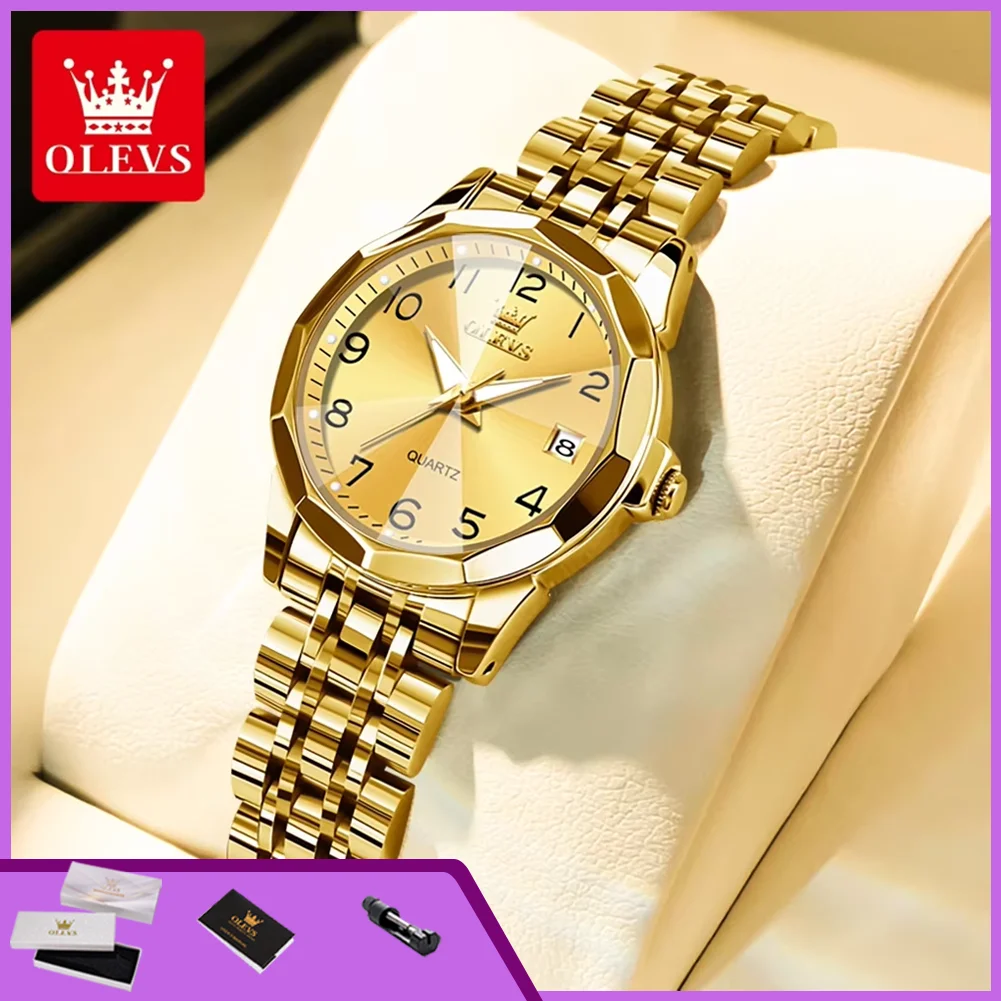 OLEVS 9970 Woman Watch Original Solid Steel Strap Auto Date Ladies Watches Fashion Rhombus Mirror Waterproof Quartz Wristwatches