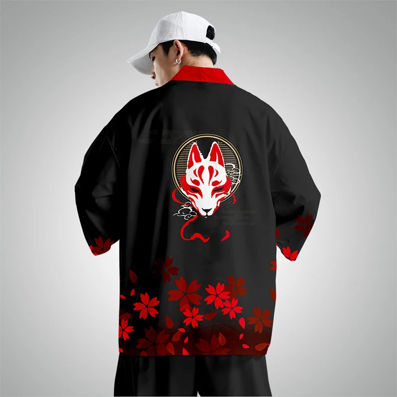 

Japanese Style Flower Fox Print Kimono Women Men Cosplay Traditional Cardigan Haori Obi Harajuku Streetwear Samurai Yukata