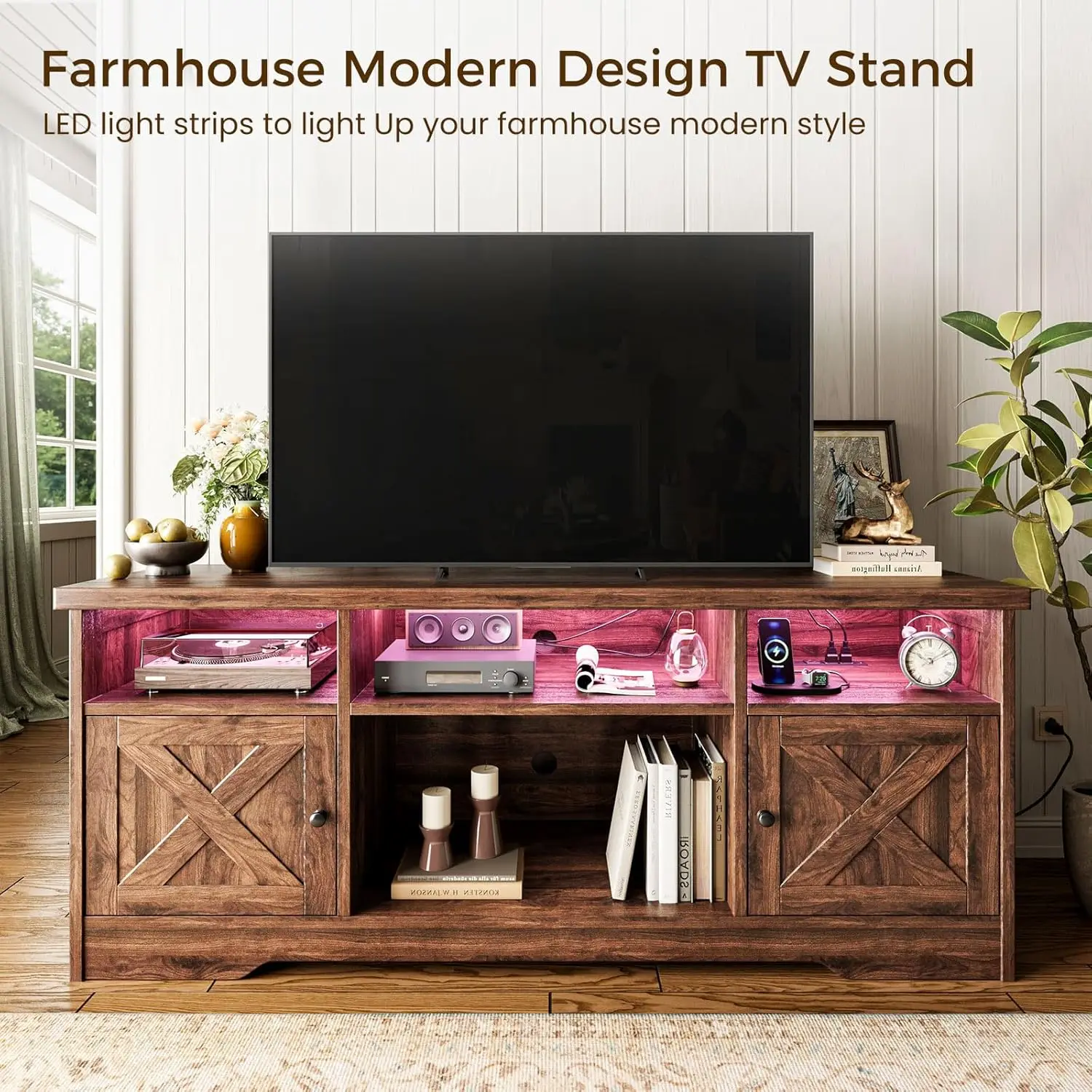 Farmhouse TV Stand for 65 Inch TV Entertainment Center with Power Outlet LED Light Storage Cabinets Console Customized